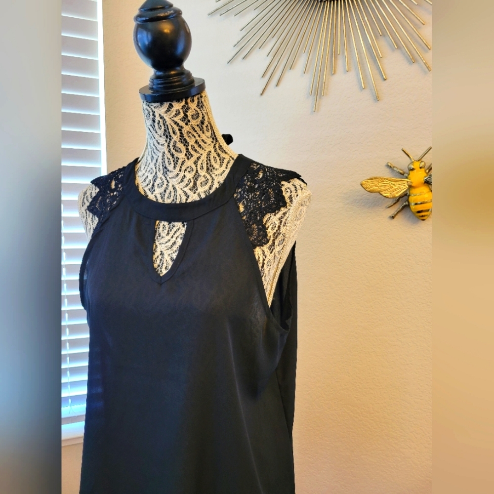 Black Lace Sheer Tie-back Blouse